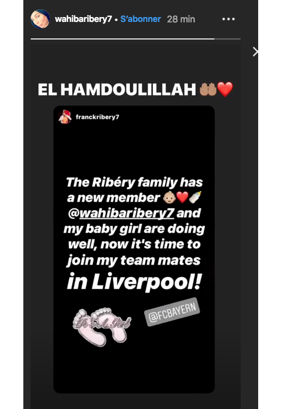 Story Instagram de Wahiba Ribéry, femme de Franck, suite à la naissance de leur cinquième enfant, le 18 février 2019.