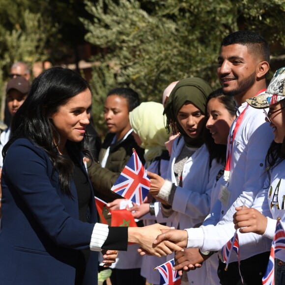 Le prince Harry, duc de Sussex, et Meghan Markle, duchesse de Sussex, enceinte, visitent le "Lycée Qualifiant Grand Atlas" dans le cadre de leur voyage officiel au Maroc, le 24 février 2019.  The Duke and Duchess visit the local Secondary School meeting students and teachers. Morocco, February 24th, 2019.24/02/2019 - Asni