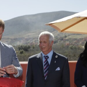 Le prince Harry, duc de Sussex, et Meghan Markle, duchesse de Sussex, enceinte, visitent le "Lycée Qualifiant Grand Atlas" dans le cadre de leur voyage officiel au Maroc, le 24 février 2019.