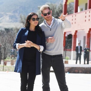 Le prince Harry, duc de Sussex, et Meghan Markle, duchesse de Sussex, enceinte, visitent le "Lycée Qualifiant Grand Atlas" dans le cadre de leur voyage officiel au Maroc, le 24 février 2019.  The Duke and Duchess visit the local Secondary School meeting students and teachers. Morocco, February 24th, 2019.24/02/2019 - Asni