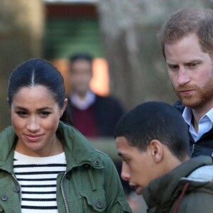 Le prince Harry, duc de Sussex et Meghan Markle (enceinte), duchesse de Sussex en visite à la Fédération Royale Marocaine de Sports Equestres à Rabat, lors de leur voyage officiel au Maroc. Le 25 février 2019