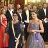 La reine Letizia d'Espagne (robe Felipe Varela) au côté de la première dame du Pérou Maribel Diaz Cabello au dîner de gala en l'honneur du couple présidentiel péruvien au palais royal à Madrid, le 27 février 2019.