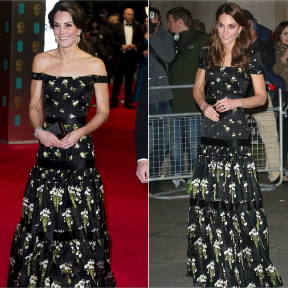 Kate Middleton portant la même robe Alexander McQueen, avec deux versions des manches, lors des BAFTA Awards en 2017 et du gala de la National Portrait Gallery en 2019.