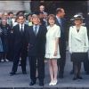 Bernadette et Jacques Chirac au mariage de leur fille Claude Chirac avec Philippe Habert à Neuilly en 1992. Nicolas Sarkozy, témoin de Claude Chirac.