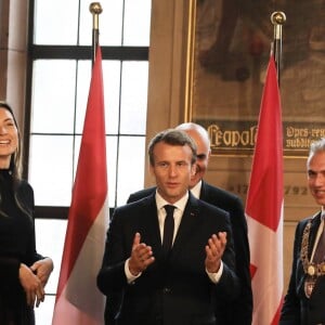 Le prince Félix de Luxembourg, la princesse Claire de Luxembourg, le président français Emmanuel Macron et le maire de Francfort Peter Feldmann à l'Hôtel de Ville de Francfort le 10 octobre 2017. © Dominique Jacovides/Bestimage