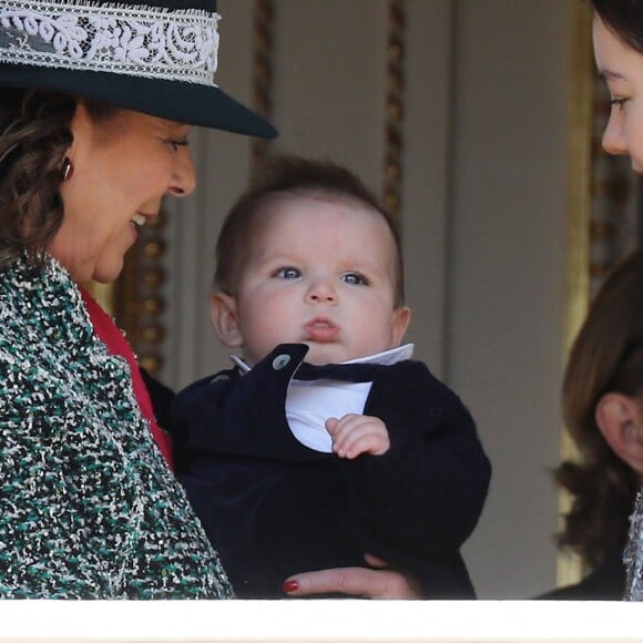 La princesse Caroline de Hanovre et son petit-fils Maximilian (Fils de Andrea), la princesse Alexandra de Hanovre - La famille princière de Monaco au balcon du palais lors de la fête nationale monégasque, à Monaco. Le 19 novembre 2018. © Dominque Jacovides / Bestimage