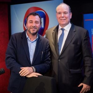 Exclusif - Le prince Albert II de Monaco - Bernard Montiel reçoit le prince Albert II de Monaco sur le plateau de la radio RFM lors de son émission "Une heure avec..." à l'occasion du Tribute to Grace Kelly (du 19 au 28/04 à Monaco). Diffusion le 7 avril 2019 à midi. La rencontre a eu lieu le 2 avril 2019 à Paris © Cyril Moreau / Bestimage