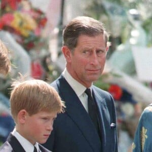 Les princes William et Harry avec leur père le prince Charles lors des funérailles de Lady Diana le 6 septembre 2019 à Londres.