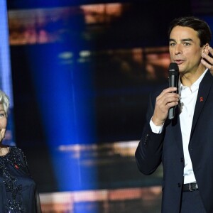 Exclusif - Line Renaud et Julian Bugier - Enregistrement de l'émission "Les 40 ans de Starmania" les stars chantent pour le Sidaction au Palais des Congrès à Paris, le 29 mars 2019. © Pierre Perusseau/Bestimage