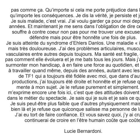 Lucie Bernardoni (Star Academy 4), sa lettre ouverte à Purepeople.com, le 19 avril 2019.