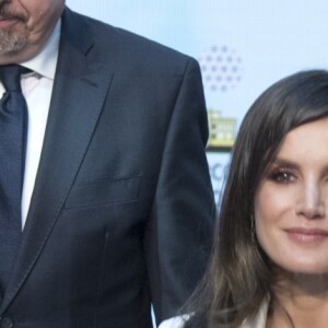 La reine Letizia d'Espagne le 25 avril 2019 lors de la cérémonie de remise des prix de littérature jeunesse El Barco de Vapor et Gran Angular respectivement à Beatriz Osés et Andrés Guerrero à la Real Casa de Correos (La Maison de la Poste) à Madrid.