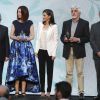 La reine Letizia d'Espagne le 25 avril 2019 lors de la cérémonie de remise des prix de littérature jeunesse El Barco de Vapor et Gran Angular respectivement à Beatriz Osés et Andrés Guerrero à la Real Casa de Correos (La Maison de la Poste) à Madrid.