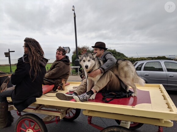 Exclusif - Pete Doherty a trouvé un nouveau moyen de transport, une charrette tirée par un cheval, lors de sa visite à Hastings. Le 24 janvier 2019