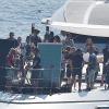 Jennifer Aniston, Adam Sandler et Luke Evans sur le tournage de "Murder Mystery" à Portofino, le 25 juillet 2018.