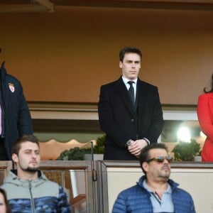 Le prince Albert II de Monaco, Louis Ducruet et Marie Chevalier, sa fiancée qu'il épousera en juillet, dans les tribunes lors du match de football de ligue 1, opposant l'Association sportive de Monaco football club (ASMFC) à l'Association sportive de Saint-Étienne (ASSE) au stade Louis-II à Monaco, le 5 avril 2019. ASSE a gagné 3-2. © Bruno Bébert/Bestimage