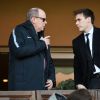 Le prince Albert II de Monaco et Louis Ducruet dans les tribunes lors du match de football de ligue 1, opposant l'Association sportive de Monaco football club (ASMFC) à l'Association sportive de Saint-Étienne (ASSE) au stade Louis-II à Monaco, le 5 avril 2019. ASSE a gagné 3-2. © Bruno Bébert/Bestimage