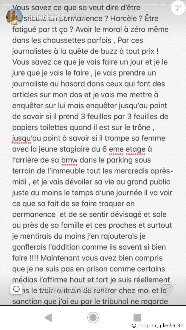 Julien Bert réagi à l'annonce de sa condamnation - 9 mai 2019, sur Instagram