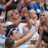 La mère d'Antoine Griezmann, Isabelle Griezmann (mère d'Antoine Griezmann), Erika Choperena (femme d'Antoine Griezmann) et sa fille Mia - Célébrités dans les tribunes lors du match de coupe du monde opposant la France au Danemark au stade Loujniki à Moscou, Russia, le 26 juin 2018.