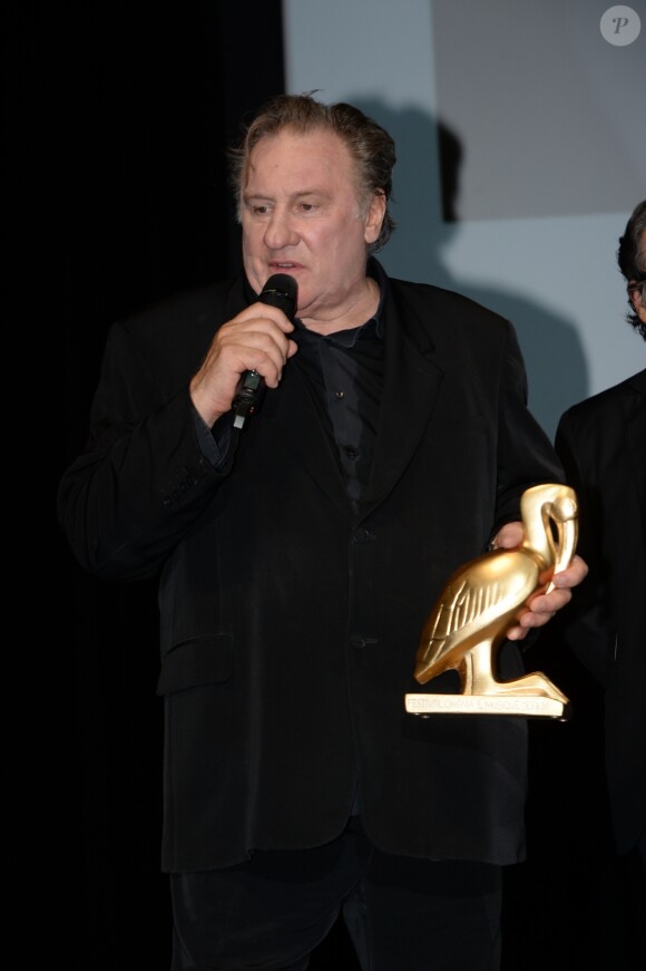 Exclusif - Gérard Depardieu reçoit un Ibis d'or pour l'ensemble de sa carrière sur la scène du palais de congrès Atlantia lors du 5e Festival du Cinéma et Musique de film de la Baule le 4 novembre 2018. © Rachid Bellak/Bestimage