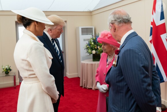 Le président des Etats-Unis Donald Trump et sa femme Melania, le prince Charles et la reine Elisabeth II d'Angleterre - Cérémonie à Portsmouth pour le 75ème anniversaire du débarquement en Normandie pendant la Seconde Guerre Mondiale. Le 5 juin 2019