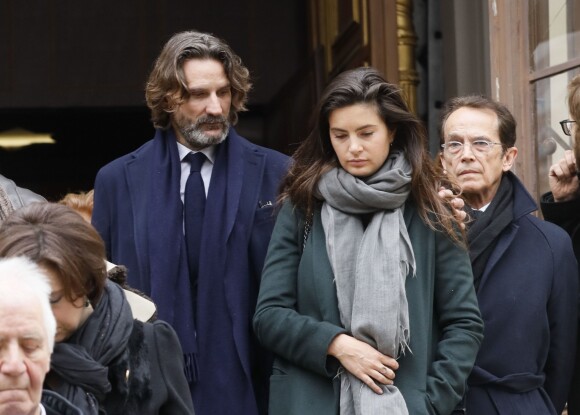 Frédéric Beigbeder et sa femme Lara Micheli lors des obsèques de Michel Legrand en la cathédrale orthodoxe Saint-Alexandre-Nevsky à Paris, le 1er février 2019.