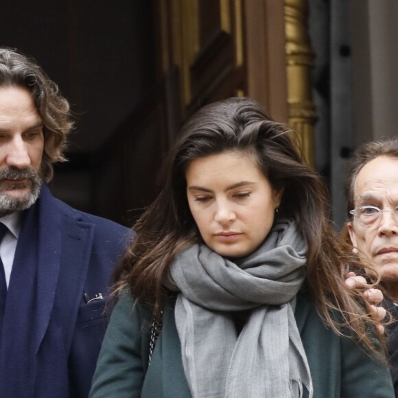 Frédéric Beigbeder et sa femme Lara Micheli lors des obsèques de Michel Legrand en la cathédrale orthodoxe Saint-Alexandre-Nevsky à Paris, le 1er février 2019.