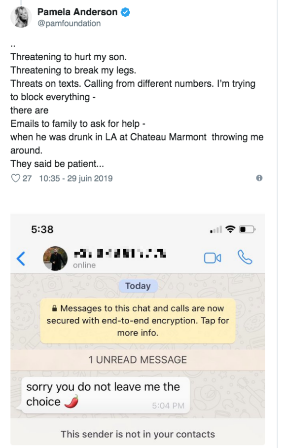 Pamela Anderson dévoile un échange et le numéro d'Adil Rami sur Twitter, le 29 juin 2019.