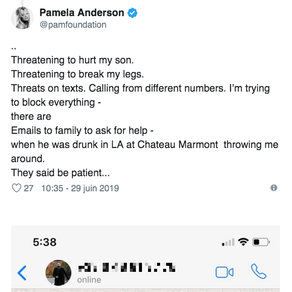 Pamela Anderson dévoile un échange et le numéro d'Adil Rami sur Twitter, le 29 juin 2019.