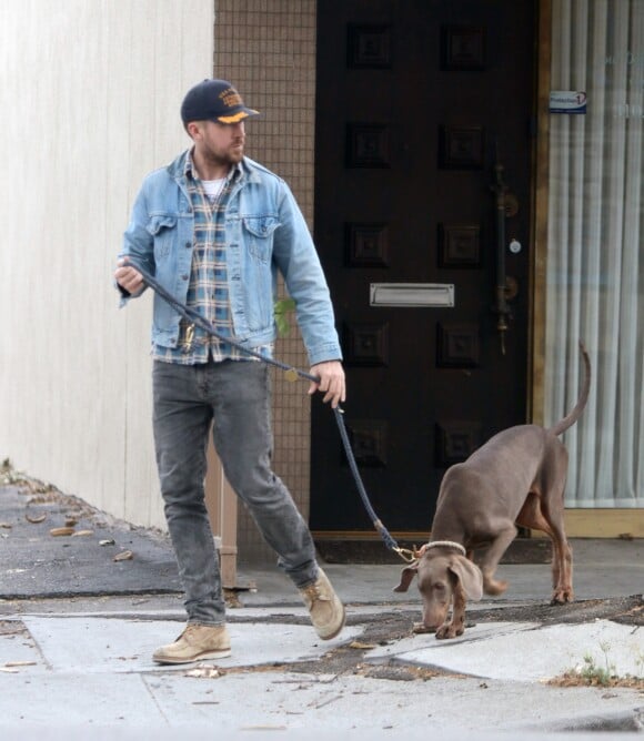 Exclusif - Ryan Gosling promène son adorable chien, à la fin de la balade il le porte dans le coffre de sa voiture, Los Angeles le 12 avril 2019.