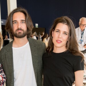 Exclusif - Virginie Coupérie Eiffel (Présidente de Paris Eiffel Jumping), Dimitri Rassam, sa femme Charlotte Casiraghi dans la tente VIP lors du Longines Paris Eiffel Jumping au Champ de Mars à Paris, le samedi 6 juillet 2019. © Luc Castel/Bestimage