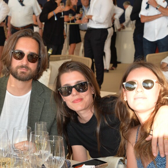 Exclusif -Charlotte Casiraghi-Rassam et son mari Dimitri Rassam avec Olivier Rosenberg et sa compagne Juliette Maillot dans la tente VIP lors du Longines Paris Eiffel Jumping au Champ de Mars à Paris, le samedi 6 juillet 2019. © Veeren-Ramsamy/Bestimage