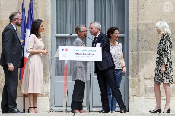 Passation de pouvoir entre François de Rugy, ministre démissionnaire de la Transition Ecologique et Solidaire et Elisabeth Borne, nouvelle ministre de la Transition écologique et solidaire, chargée des Transports, Brune Poirson et Séverine Servat. Le 17 juillet 2019 à Paris. © Stéphane Lemouton / Bestimage 17/07/2019 - Paris