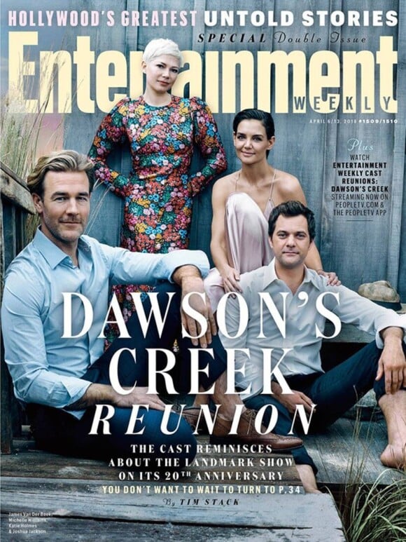 James Van Der Beek, Michelle Williams, Katie Holmes et Joshua Jackson réunis en couverture d'Entertainment Weekly en 2018 pour le 20e anniversaire de la série Dawson.