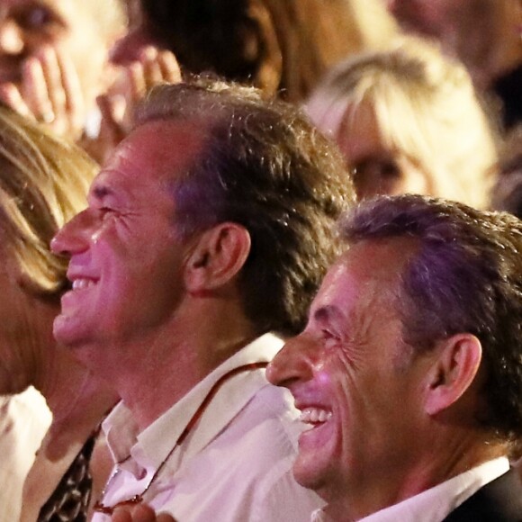 Renaud Muselier, Nicolas Sarkozy et Gil Bernardi (Maire de Le Lavandou) - Carla Bruni-Sarkozy en concert au théâtre de Verdure du Grand Jardin à Le Lavandou le 23 juillet 2019. © Dominique Jacovides-Cyril Moreau/Bestimage