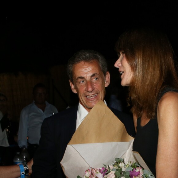 Exclusif - Nicolas Sarkozy et sa femme Carla Bruni-Sarkozy - Backstage du concert de Carla Bruni-Sarkozy au théâtre de Verdure du Grand Jardin à Le Lavandou le 23 juillet 2019. © Dominique Jacovides-Cyril Moreau/Bestimage