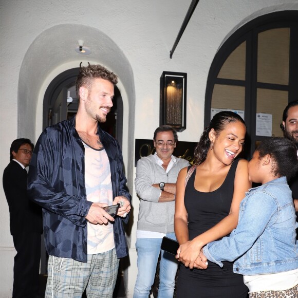 Christina Milian, enceinte, son compagnon Matt Pokora et sa fille Violet Madison sont allés dîner dans le restaurant Madeo à Beverly Hills, le 8 août 2019.