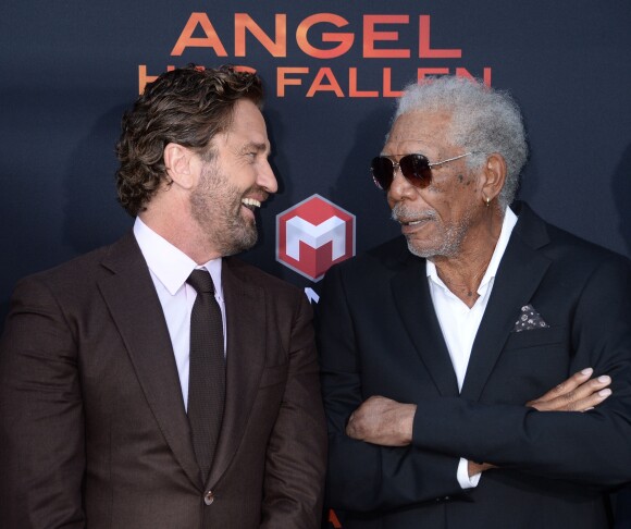 Gerard Butler et Morgan Freeman à l'avant-première du film "Angel Has Fallen" ("La Chute du Président") au Regency Village Theater à Hollywood, Los Angeles, le 20 août 2019.