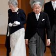  L'empereur Akihito du Japon et l'impératrice Michiko lors du rituel accompli par la princesse Ayako de Takamado, avant de quitter la famille impériale du Japon, le 26 octobre 2018 au palais impérial à Tokyo en vue de son mariage trois jours plus tard avec Kei Moriya. 