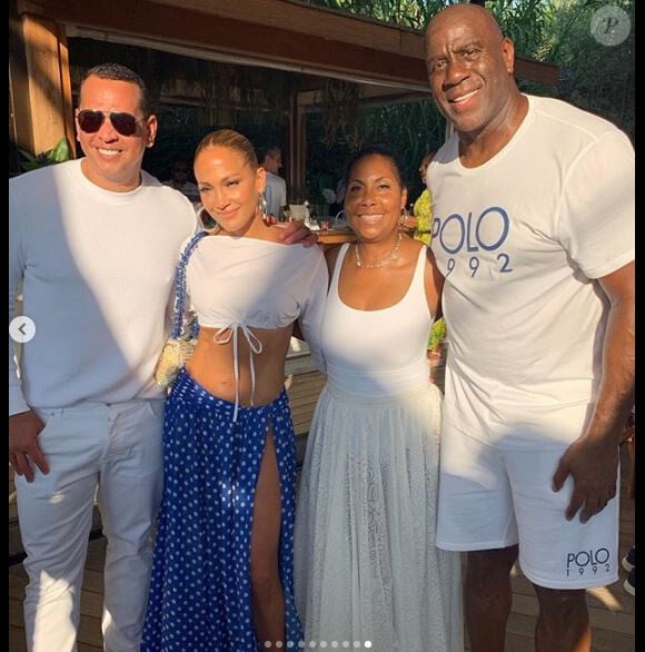 Magic Johnson a fêté durant trois jours ses 60 ans à Saint-Tropez. Septembre 2019. Avec sa femme Cookie, Jennifer Lopez et son fiancé Alex Rodriguez sur cette photo.