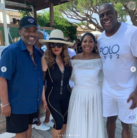 Magic Johnson a fêté durant trois jours ses 60 ans à Saint-Tropez. Septembre 2019. Avec sa femme Cookie, Tina Lawson, la maman de Beyoncé et son mari Richard Lawson.