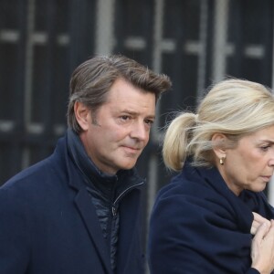 François Baroin et sa compagne Michèle Laroque - Arrivées en l'église Saint-Sulpice pour les obsèques de l'ancien président de la République Jacques Chirac à Paris. Un service solennel sera présidé par le président de la République. Le 30 septembre 2019 © Dominique Jacovides / Bestimage