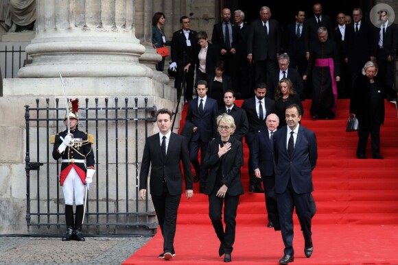 Nicolas Salat-Baroux, Alexandre Salat-Baroux, François Pinault, Martin Chirac, sa mère Claude Chirac et son mari Frédéric Salat-Baroux - Sorties des obsèques de l'ancien président de la République Jacques Chirac en l'église Saint-Sulpice à Paris. Le 30 septembre 2019 © Stéphane Lemouton / Bestimage