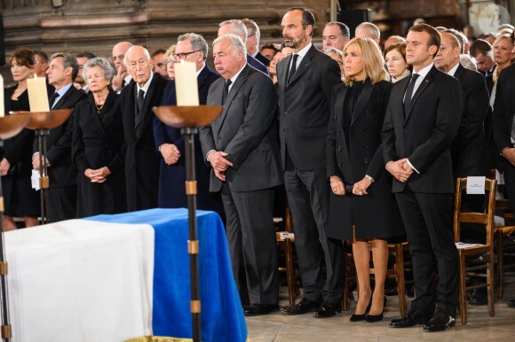 Carla Bruni-Sarkozy, Nicolas Sarkozy, Valery Giscard d'Estaing et sa femme Anne-Aymone, Brigitte Macron et le président de la république Emmanuel Macron- Obsèques de Jacques Chirac en l'église Saint-Sulpice à Paris le 30 Septembre 2019. ©Eliot Blondet / Pool / Bestimage