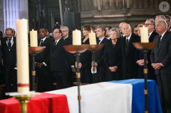 François Hollande, Carla Bruni-Sarkozy, Nicolas Sarkozy, Valery Giscard d'Estaing et sa femme Anne-Aymone , Richard Ferrand et Gérard Larcher lors des Obsèques de Jacques Chirac à Paris le 30 Septembre 2019. ©Eliot Blondet / Pool / Bestimage