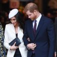 Le prince Harry et Meghan Markle, coiffée d'un chapeau Amanda Wakeley, quittent la messe du "Commonwealth Day" à l'Abbaye de Westminster à Londres, le 12 mars 2018.