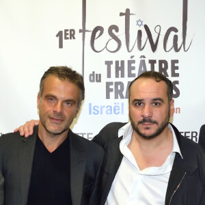 Exclusif - Le producteur du festival Jean-Marc Dumontet, le fondateur du Festival l'acteur et metteur en scène Steve Suissa, François-Xavier Demaison et Laurent Ruquier - 4ème soirée du tout 1er Festival du Théâtre Français en Israël organisé par S. Suissa durant le one man show de FX Demaison au théâtre Beit HaKhayal à Tel Aviv en Israël le 30 octobre 2017. © Erez Lichtfeld/Bestimage