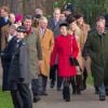 Le prince Charles, prince de Galles, la princesse Anne, Autumn Phillips, Peter Phillips, le prince Philip, duc d'Edimbourg, Tim Laurence, le prince William, Kate Middleton, et le prince Harry - La reine, accompagnée des membres de la famille royale anglaise, assiste à la messe de Noël à Sandringham, le 25 décembre 2014.