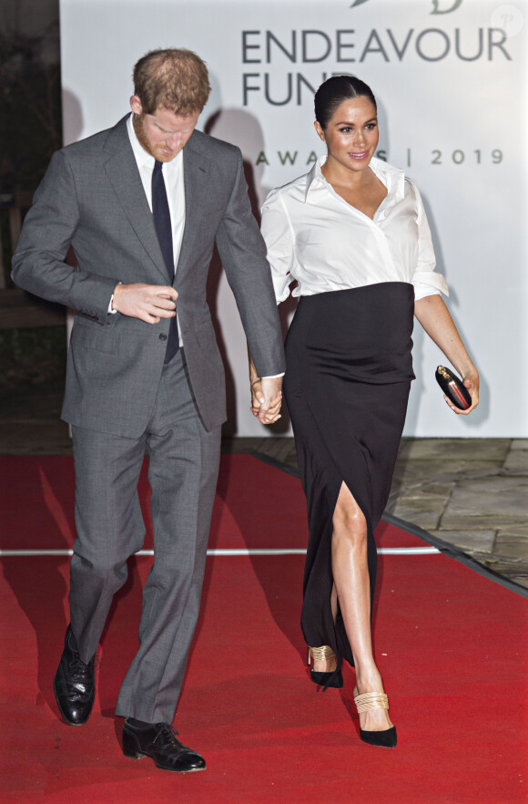Le prince Harry, duc de Sussex, et Meghan Markle, duchesse de Sussex (en Givenchy), lors du cocktail d'accueil au Endeavour fund Awards au Drapers' Hall à Londres le 7 février 2019.