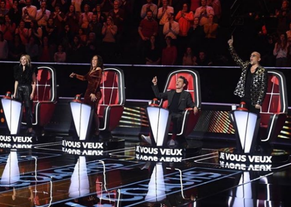 Image TF1 des enregistrement de la prochaine saison de The Voice avec quatre nouveaux coachs : Lara Fabian, Amel Bent, Marc Lavoine et Pascal Obispo