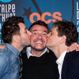 Mathias Mlekuz (Prix du public AlloCiné pour "Mine De Rien"), Arnaud Ducret et Michaël Youn (Grand Prix OCS et Prix Globes de la presse pour "Divorce Club") dans la press room du 23ème festival international du film de comédie de l'Alpe d'Huez, le 18 janvier 2020. © Cyril Moreau/Bestimage